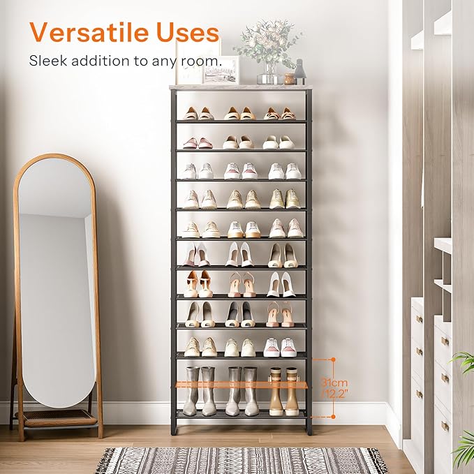 HOOBRO Shoe Rack, 12-Tier Shoe Storage Organizer, Large Capacity Shoe Shelf for Front Door Entrance, Entryway, Closet, Holds 36-48 Pairs of Shoes, Closet, Greige and Black BG127XJ01-NeatNest