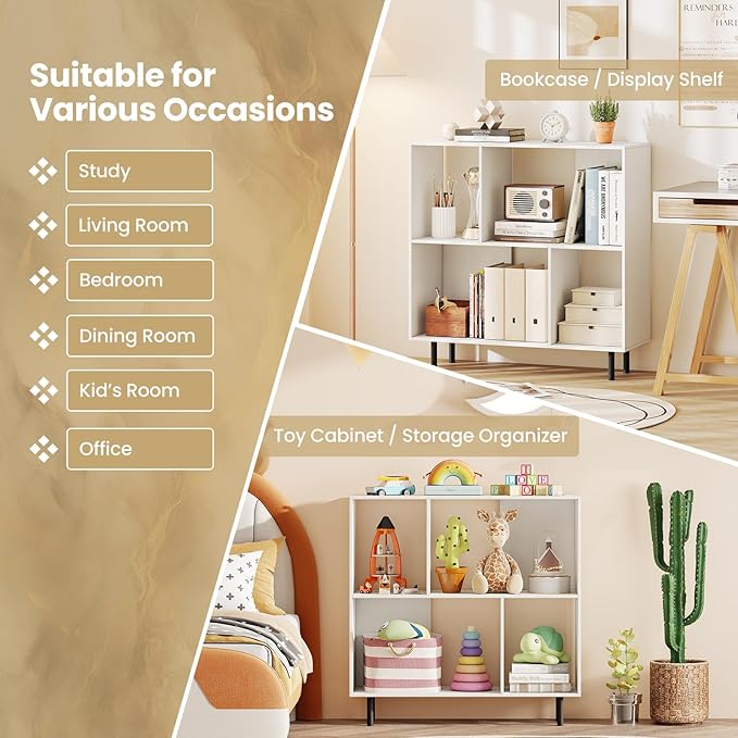 4 Cube Bookcase, Wood Storage Organizer with 4 Metal Legs, Bookshelf with Storage, Cubical Storage Shelf, Wooden Book Shelf, Display Shelves for Bedroom, Living Room, Entryway