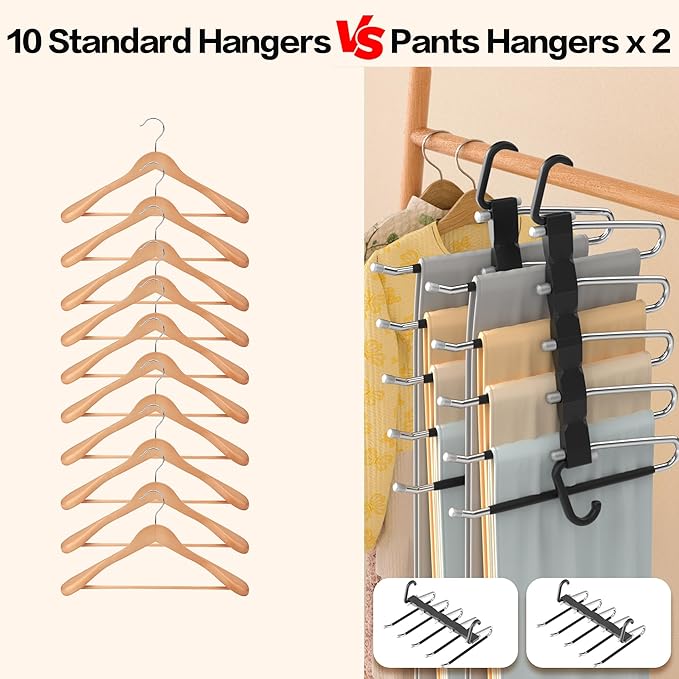 Pants Hangers Space Saving - 2 Pack Closet Organizer and Storage Jean Hangers, Stainless Steel Anti-Slip Clothes Hanger Scarf Holder for Pants Jeans Leggings Trousers Pant Rack, Black-NeatNest