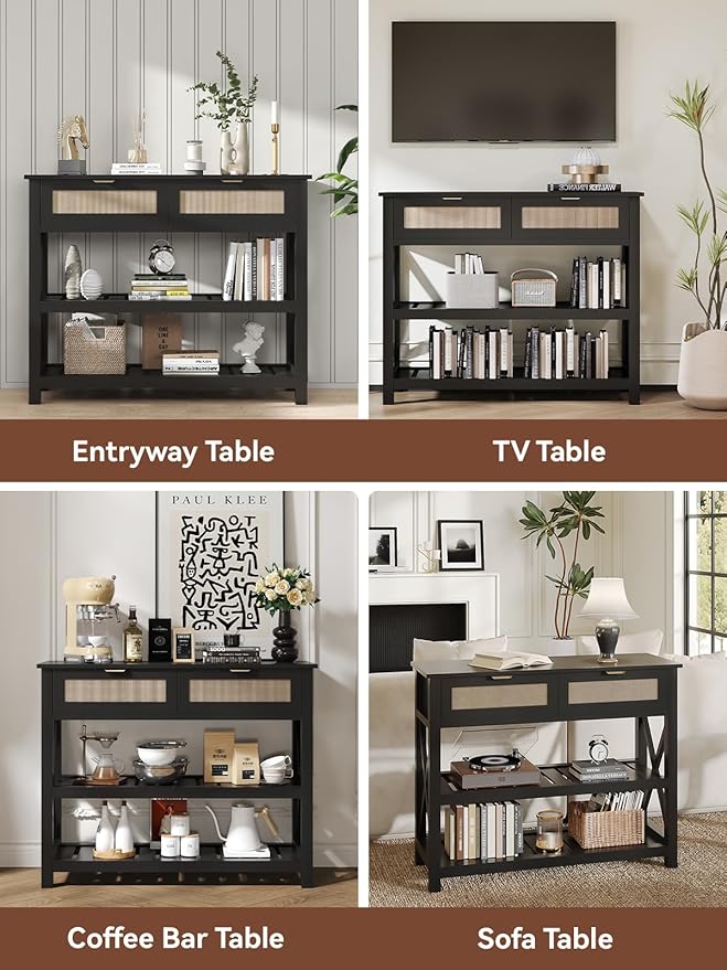 Console Table with 2 Rattan Drawers, Wooden Entryway Table with 3-Tier Storage Shelves, Display Shelf for Entryway, Hallway, Foyer and Living Room, Black-NeatNest
