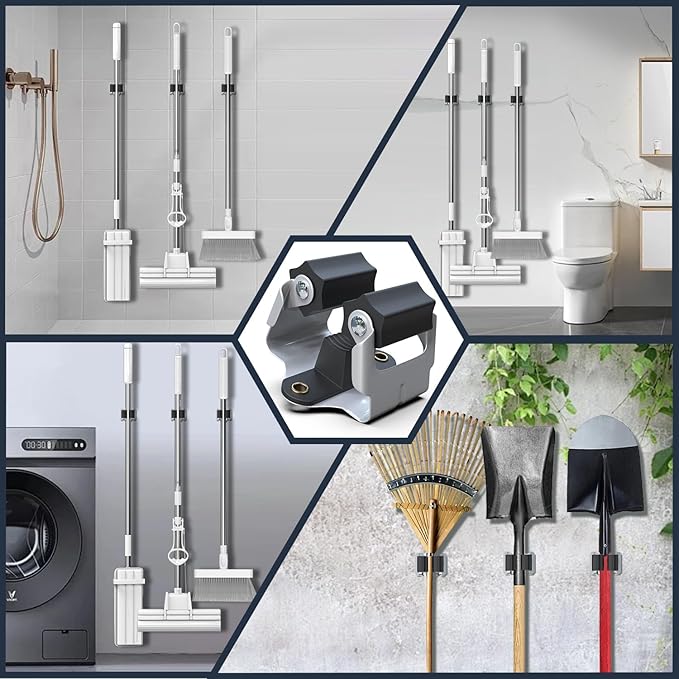 3-H Mop and Broom Holder Wall Mount 25 Pack, Broom Hanger Wall Mount for Garage Garden Shed Storage System Laundry Room Home Kitchen Organization up to 1.45 Inch(black)-NeatNest