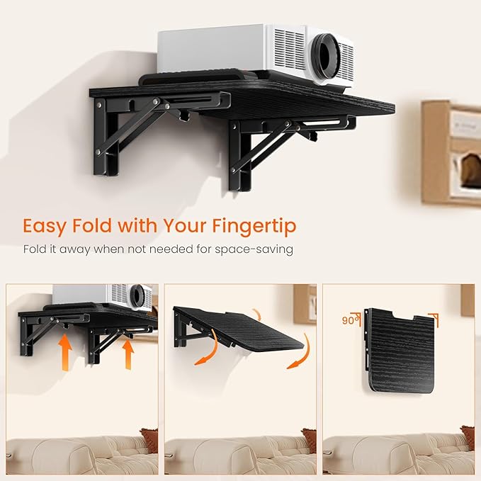 Homode Floating Entertainment Shelf, Folding Projector Shelf, Holds Up to 30lbs, Wooden Wall Mounted Shelves for DVD Players, Cable Boxes, Game Consoles, Living Room Decor Accessories, Black
