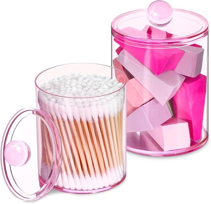 Qtip Holder Dispenser, 2 Pack 10 oz, 12 oz Plastic Apothecary Jar Set for Bathroom Canister Storage Organization,Vanity Makeup Organizer for Cotton Swab, Ball, Pads, Floss.(Pink)