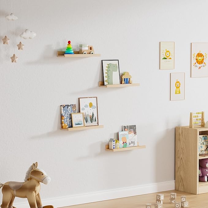 Floating Shelves for Wall, 16 inch Solid Wood Picture Ledge Shelf, Picture Shelf for Wall with Ledge, Floating Book Shelves for living room Bedroom Kitchen Nursery Decor, Natural Unfinished, Set of 2-NeatNest
