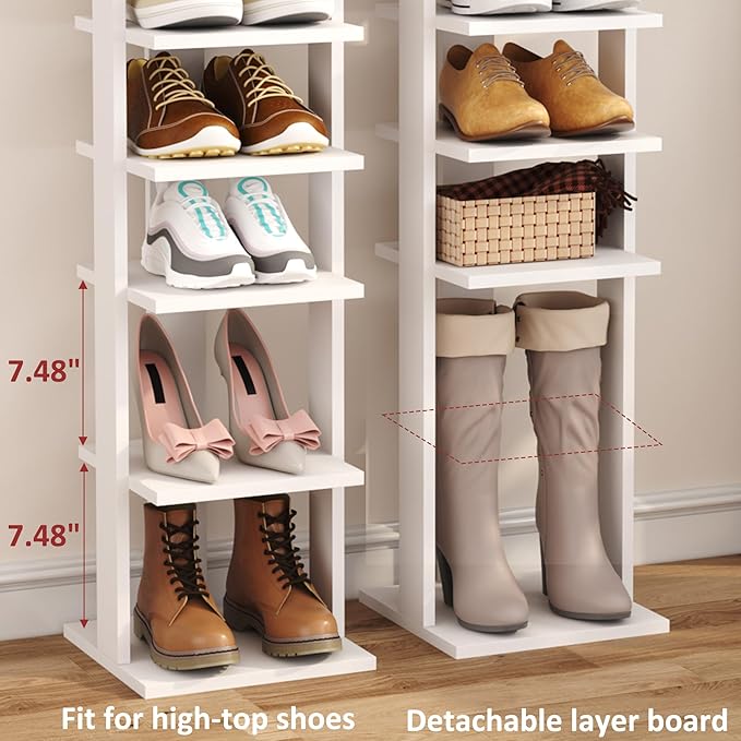 HOMEFORT 7-Tier Wood Shoe Rack, Entryway Shoe Tower,Vertical Shoe Organizer, Wooden Shoe Storage Stand, White-NeatNest