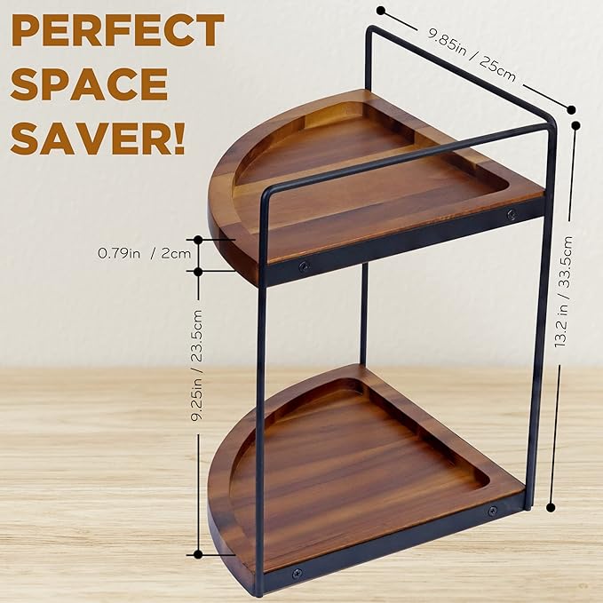 Bathroom Corner Counter Organizer 13.2x9.9 inch, 2 Tier Acacia Wood Organizer Countertop, Corner Storage Shelf Standing Rack, Cosmetic Vanity Tray Kitchen Spice Rack, Bathroom Storage Décor-NeatNest