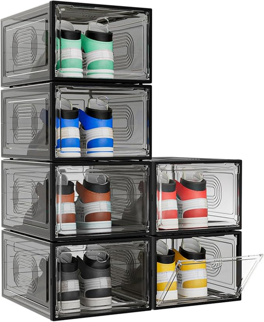 6 Pack Thicken Shoe Organizer Stackable,Upgraded Sturdy Shoe Storage Box with Magnetic Door,Shoe Containers For Sneaker Display,Hat Organizer,Black-NeatNest