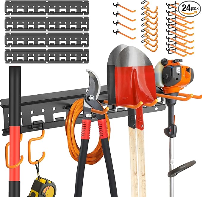 Garden Tool Organizer Wall Mount - Garage Storage and Organization Yard Tool Hanger with Adjustable Pegboard Hooks Shed Rack for Broom Mop Shovel Rake Trimmers, 64 inch Max 750lbs, Black