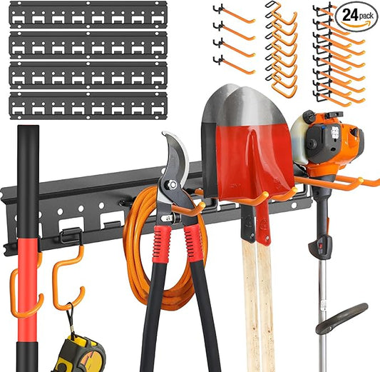 Garden Tool Organizer Wall Mount - Garage Storage and Organization Yard Tool Hanger with Adjustable Pegboard Hooks Shed Rack for Broom Mop Shovel Rake Trimmers, 64 inch Max 750lbs, Black