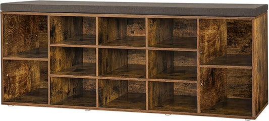 DINZI LVJ Shoe Storage Bench with Cushion, 13-Cubby Shoe Rack, Adjustable Shelves, Multifunctional Shoe Organizer Bench for Entryway, Mudroom, Hallway, Living Room, Bedroom and Garage, Rustic Brown-NeatNest
