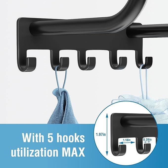 Towel Rack Bathroom Wall Holder: 15.9 Inch Wall Mounted Shower Organizer, for Rolled Towel Storage, 2 Metal Racks Plus Extra 5 Hooks, for Modern Small Space Bathroom, RV Campers (Matte Black)
