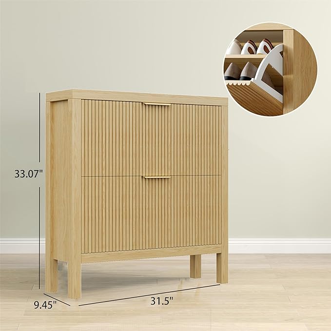 Modern 2-Tier Flip Drawer Shoe Cabinet, Freestanding Hidden Slim Narrow Shoe Rack Cabinet, Wooden Large Capacity Shoe Storage Cabinet Shoe Organizer, for Entryway, Hallway, Natural X2-NeatNest
