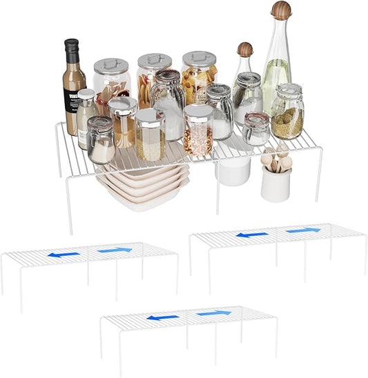 Expandable Storage Shelf, Pantry Organizers and Storage, Adjustable Rustproof Metal Wire Spice Rack, Space Saver Kitchen Storage Shelves for Pan, Pot, Countertop, Drawer, Fridge, Set of 4, White-NeatNest