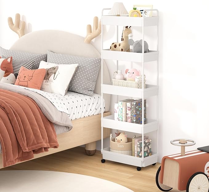 5-Tier Storage Cart，Shelf Organizer Mobile Shelving ，Utility Rolling Cart，Multifunction Movable Storage Organizer with Lockable Wheels,White-NeatNest