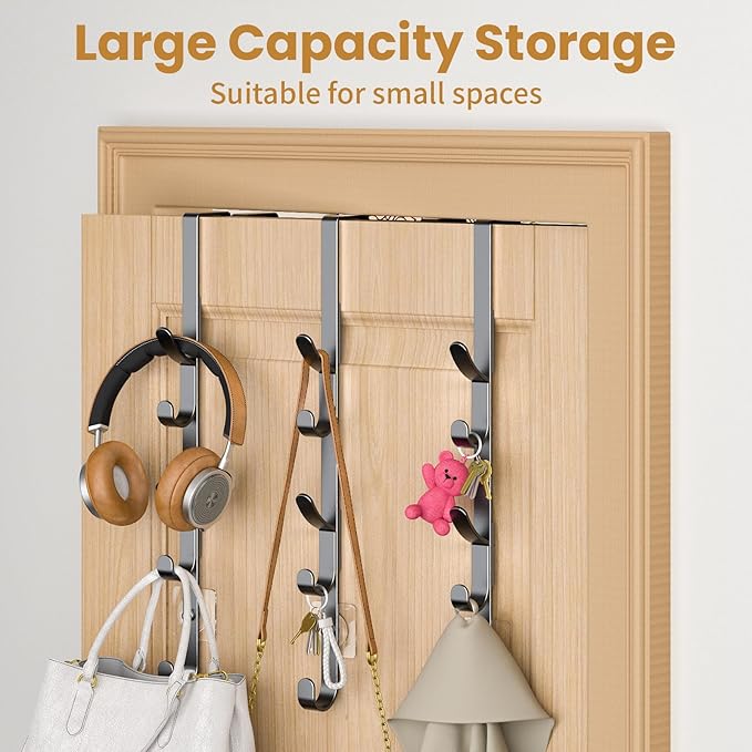 Over The Door Hooks, Metal Door Hooks for Hanging, Over The Door Purse Organizer for Coat Hanger, Back of Shower Door for Hanging Towel Rack Clothes, Hat, Bathroom, Closet (Black-3Packs)