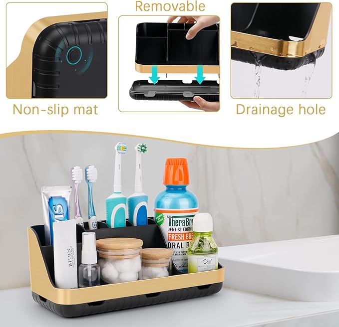 Gold Toothbrush Holders for Bathrooms Countertop Organizer - Detachable 7 Slots Electric Toothbrush and Toothpaste Holder, Kids Organization and Storage, Restroom Accessories Vanity Stuff-NeatNest