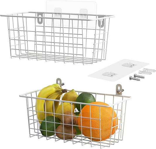 MaraFansie Hanging Wire Baskets Kitchen Storage Basket Adhesive and Screws Basket Over the Cabinet Door Organizer with Adhesive Strips and Screws Accessories, 2 Installations, 2 Pack, White-NeatNest