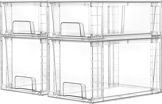 Vtopmart 4 Pack Clear Stackable Storage Drawers,Easy to Assemble Bathroom Organizers and Storage with handles,Plastic Drawers for Kitchen Pantry,Cabinet,Under Sink Organization-NeatNest