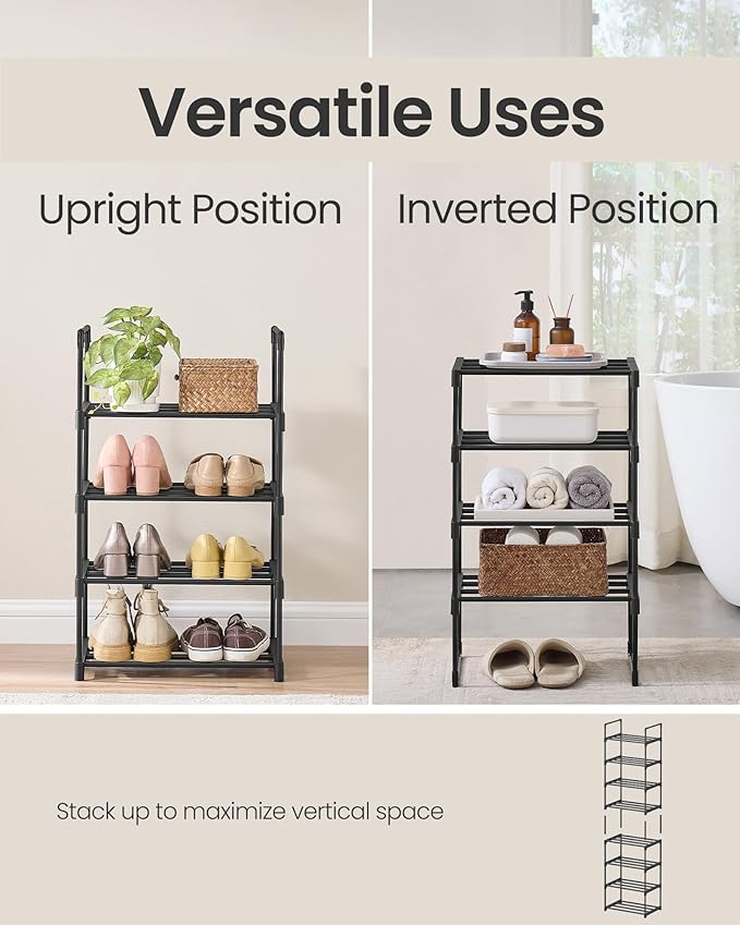 SONGMICS Shoe Rack, 4-Tier Shoe Organizer, Metal Storage Shelf, Upright or Upside Down, for 5-10 Pairs, Stackable, for Entryway, 11.8 x 16.7 x 28.2 Inches, Black ULSA004B01-NeatNest