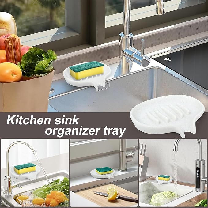 2 Pcs Soap Dish with Drain- Self Draining Bar Soap Holder for Shower, Marble Look Soap Savers Soap Tray Sponge Holder for Kitchen, Bathroom, Bathtub Sink, Crystal White-NeatNest