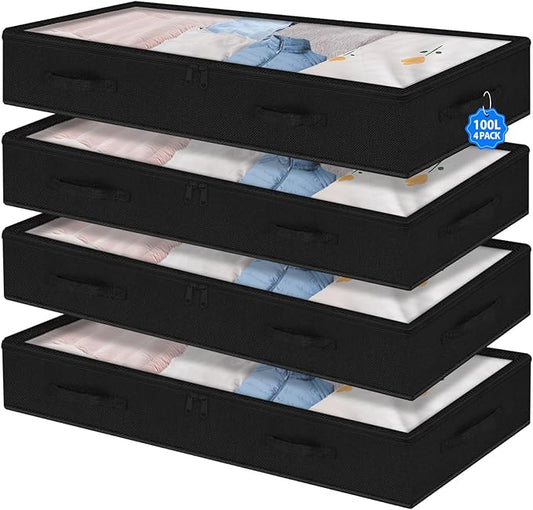 Under Bed Storage Containers Large 40" X 20" X 7.5" (No Support) Fabric Zipper Underbed Storage Bags, 100L Long Flat Foldable Storage Bins W/ Clear Lids For Clothes Blanket College Dorm, Black 4Pack-NeatNest