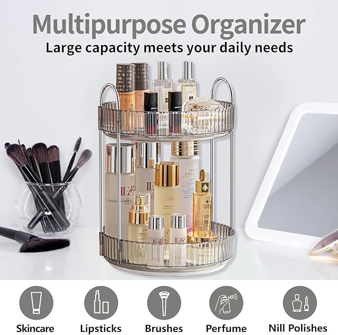 360 Rotating Makeup Organizer for Vanity,Bathroom Countertop Organizer,Spinning Perfume Organizer&Vanity Organizer(Grey-2 Tier)-NeatNest