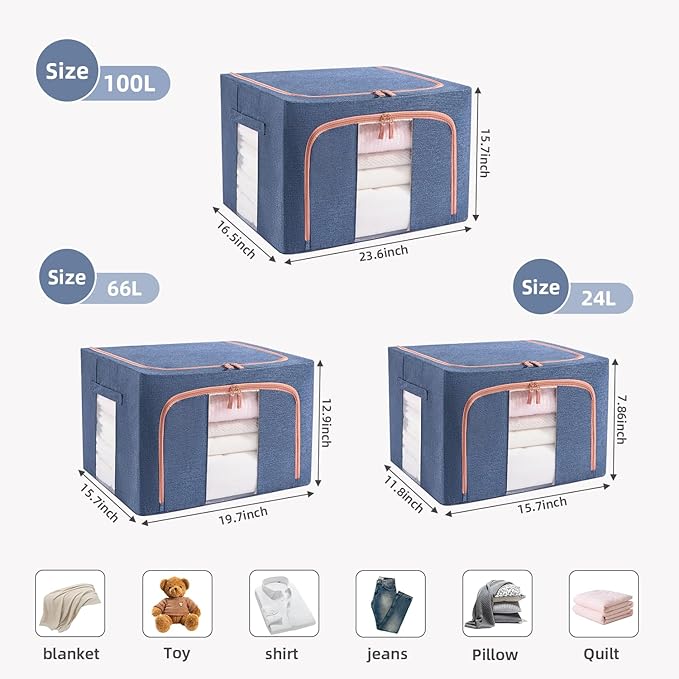 100L Stackable Clothes Storage Bins with Metal Frame Handles & Zipper, Collapsible Closet Organizer Box with Lid for Bedding Blankets Towel (Navy,1 pack)-NeatNest
