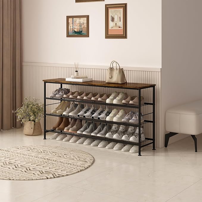 Shoe Rack Organizer 4 Tier for Closet Entryway Free Standing Metal Storage Shoe Shelf with MDF Top Board (Black+Rustic Brown, Large 4 Tier)-NeatNest