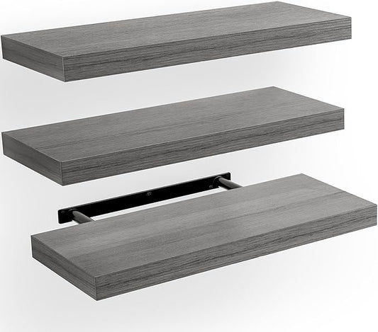 AMADA HOMEFURNISHING Floating Shelves, Wall Shelves for Bathroom/Living Room/Bedroom/Kitchen Decor, Grey Shelves with Invisible Brackets Set of 3 - AMFS07G-NeatNest