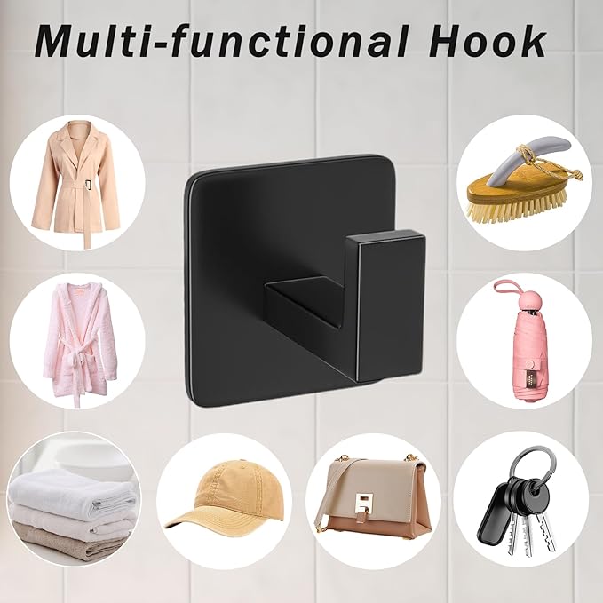 4 Pack Square Self Adhesive Towel Hooks, Matte Black Bath Towel Hook No Drilling Bathroom Towel Hook Aluminum Heavy Duty Wall Hooks for Bathroom Bedroom Kitchen (2 Inch,Matte Black)