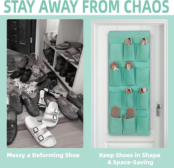 Over the Door Shoe Organizer, Hanging Shoe Rack Storage Holder with 12 Large Pockets for Closet Door, Men Women Kids Shoes, Cruise(Green-NeatNest