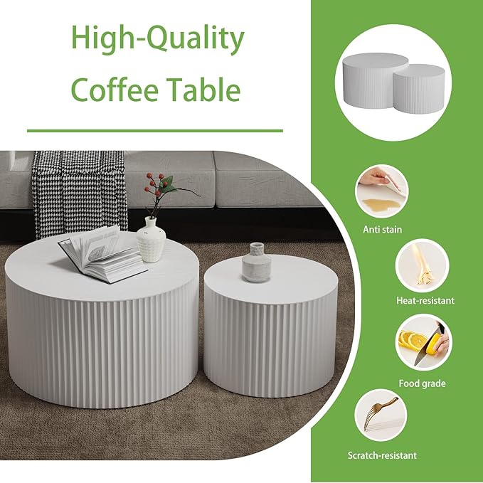 Round Coffee Table Set of 2, Nesting Coffee Table and End Table Set Small Circle Drum Side Table for Living Room Office, No Assembly (D White Crescent)
