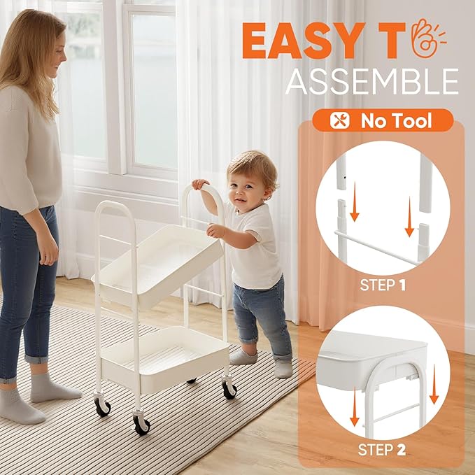 Sekey 3 Tier Rolling Cart Metal, NO Screws Assemble Utility Cart on Wheels, Heavy Duty Storage Cart with Lockable Wheels for Baby Nursery, Bathroom, Kitchen, Laundry Room, White