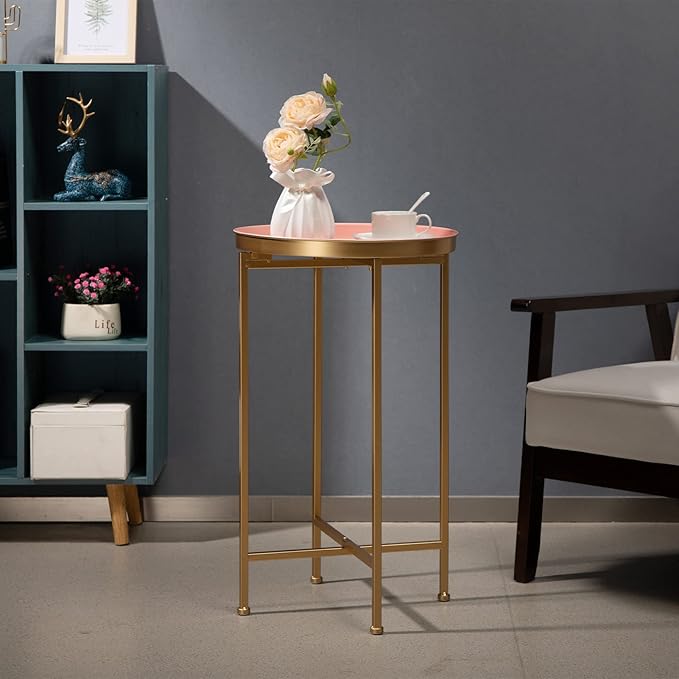 HollyHOME Small Round Metal End Table, Accent Indoor&Outdoor Coffee Side Table, Snack Sofa Table for Living Room, Anti-Rust Decorative Plant Stand, (D) 14.5" x(H) 25", Gold&Pink-NeatNest