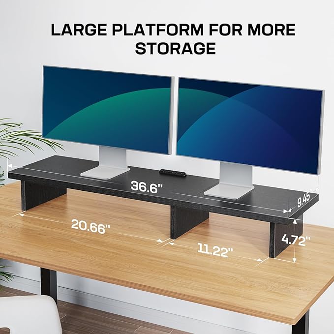 HUANUO Dual Monitor Stand Riser With Cable Clip - Desktop Storage Shelf Organizer for 2 Monitors, Computer, Laptop, Printer, TV