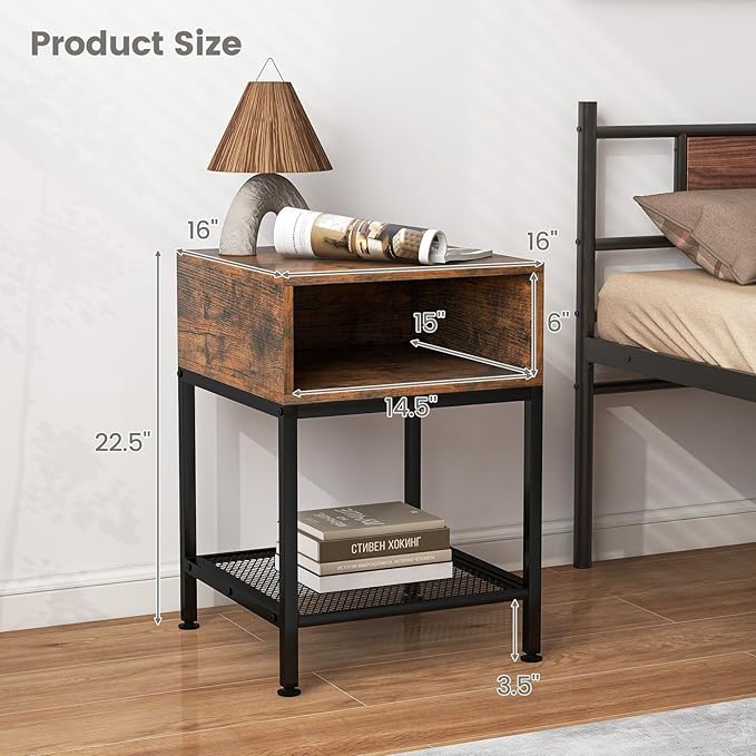 Giantex 2-Tier Side Table, Industrial End Table with Open and Mesh Storage Shelf, Stable Metal Frame, Telephone Table for Small Space, Bedside Table Night Stand for Living Room Bedroom, Rustic Brown