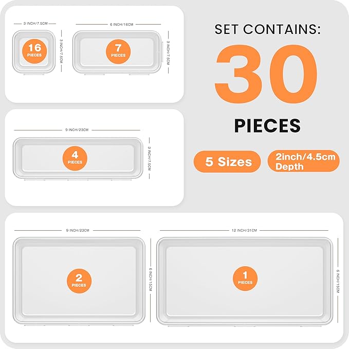 A-LuGei 【𝟯𝟬𝗣𝗰𝘀】【𝟱𝗦𝗶𝘇𝗲】 Drawer Organizer, Bathroom Organizers and Storage, Makeup organizer, Desk drawer organizer, Storage Bins for Kitchen Office Bedroom Vanity Tool Trays【𝐂𝐥𝐞𝐚𝐫】-NeatNest