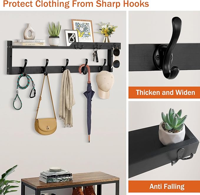 29'' Coat Rack Wall Mount with Shelf, Coat Hanger Wall Mount with Key Hooks and Mail Holder, Wood Entryway Floating Shelf with Hooks and Storage, Hat Rack for Wall Key Holder Mail Organizer