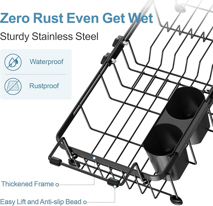 iSPECLE Small Sink Dish Drying Rack, Capacity Expandable Narrow Dish Drainer for RV Kitchen Counter with Cup Holder and Utensil Holder, Fit for 12"~18.3" Sink, Black