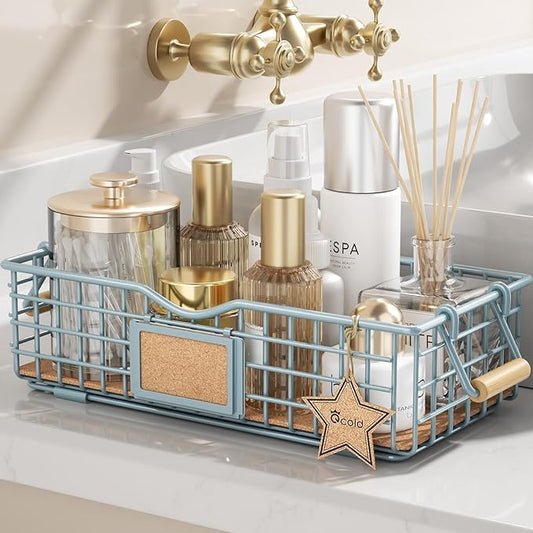 Bathroom Organizer Basket with Handle, Home Decor Basket- Bathroom Organizers and Storage - Exquisite Vanity Tray for Skincare - Restroom Counter Baskets for Organizing - Blue-NeatNest