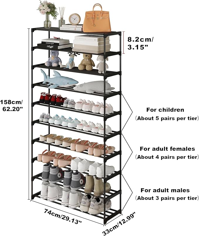Calmootey 10-Tier Shoe Rack, Tall Large Capacity 50 Pairs Shoes Storage Organizer, Stackable Wide Shoe Shelf for Entryway, Hallway, Black-NeatNest