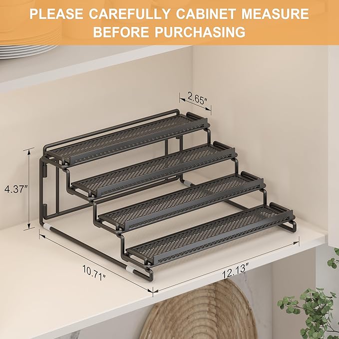 4 Tier Spice Rack Organizer for Inside Cabinet Display Riser Shelf Seasoning Organizer for Countertop Cupboard Pantry Step Storage Holder with Protection Railing (2PC Black)-NeatNest