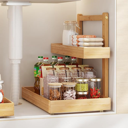 Bamboo Under Sink Organizer and Storage, 2 Tier Pull Out Cabinet Organizer, Slide Out Under Sink Storage Shelf, Undersink Organizers Shelves for Kitchen Bathroom Organization (Nature, 1 Pack)-NeatNest