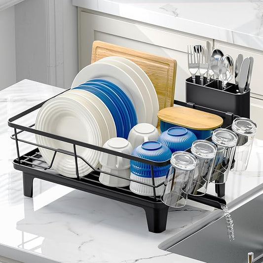 Dish Drainers for Kitchen Counter - Large Capacity Dish Drying Rack with Drainboard, Rustproof & Sturdy Design, Black Dish Rack Perfect for Plates, Cups & Kitchen Countertop Organization