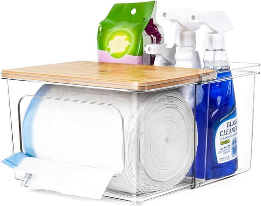 Trash Bag Dispenser Holder - 2 in 1 Clear Acrylic Plastic Garbage Bags Container With Bamboo Lid Storage Box for Kitchen Pantry Laundry Room Organization, Large Trash Bag Organizer Under Sink-NeatNest