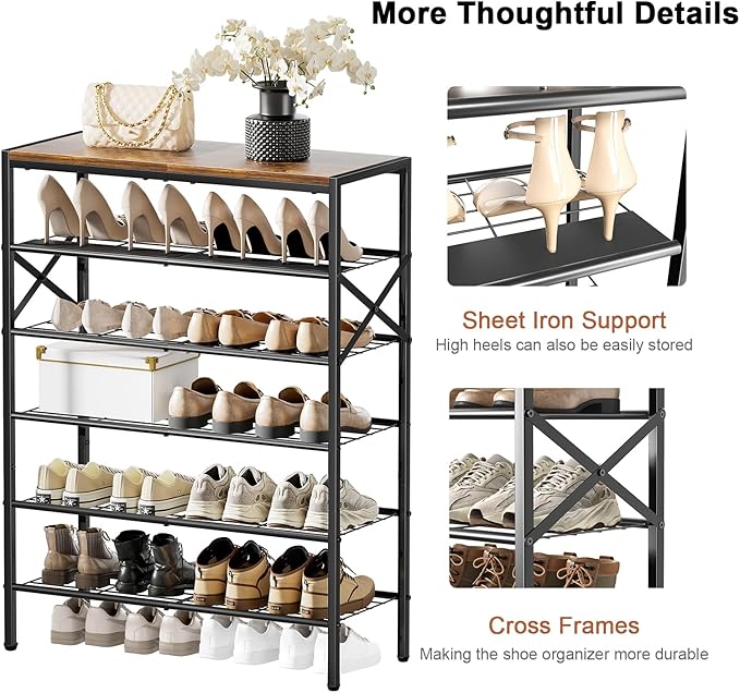 6-Tier Metal Shoe Rack Organizer Shoe Storage for Entryway 18-24 Pairs Narrow Shoe Rack for Closet Heavy-Duty Shoe Rack with Wooden Top Shelf for Garage Rustic Brown-NeatNest
