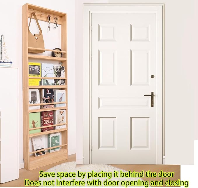 Wooden 5 Tiers Kids Bookshelf, Wall Mount Shelf with Hooks, Organizer for Toys and Books (Nature)