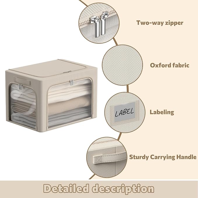 3Pack Clothes Storage Bins - Oxford Frame Storage Box Foldable Stackable Storage Organizer with 3 Openings Design, Metal Frame, Clear Window, Carry Handles (66L-19.7 * 15.7 * 13, Beige)-NeatNest