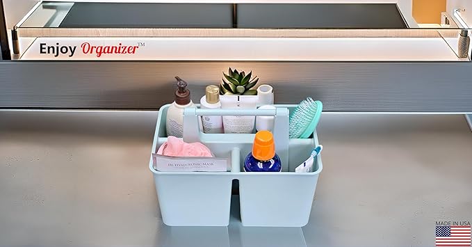 Shower Caddy Organizer with Handle, 3 Compartments, Portable Storage Bin for Bathroom, Dorm, Gym -Made In USA (Mint)