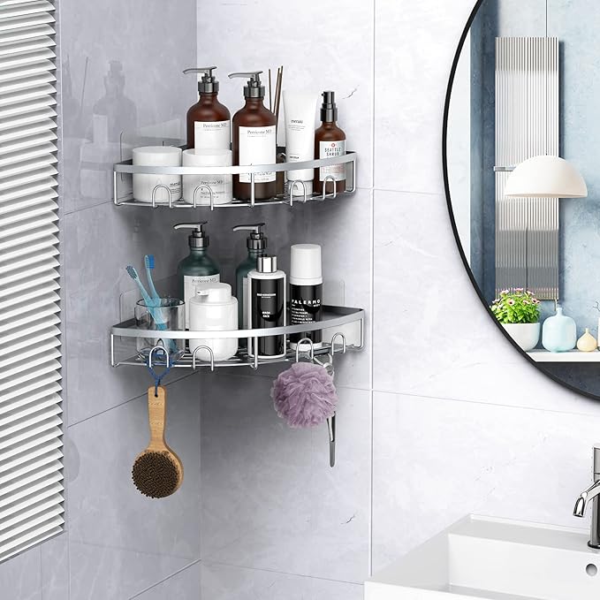 Corner Shower Caddy, 2 Pack Adhesive Bathroom Shower Corner Organizer Shelf, No Drilling Rustproof Wall Mounted Shower Storage Rack Shampoo Holder Organizer (Silver)